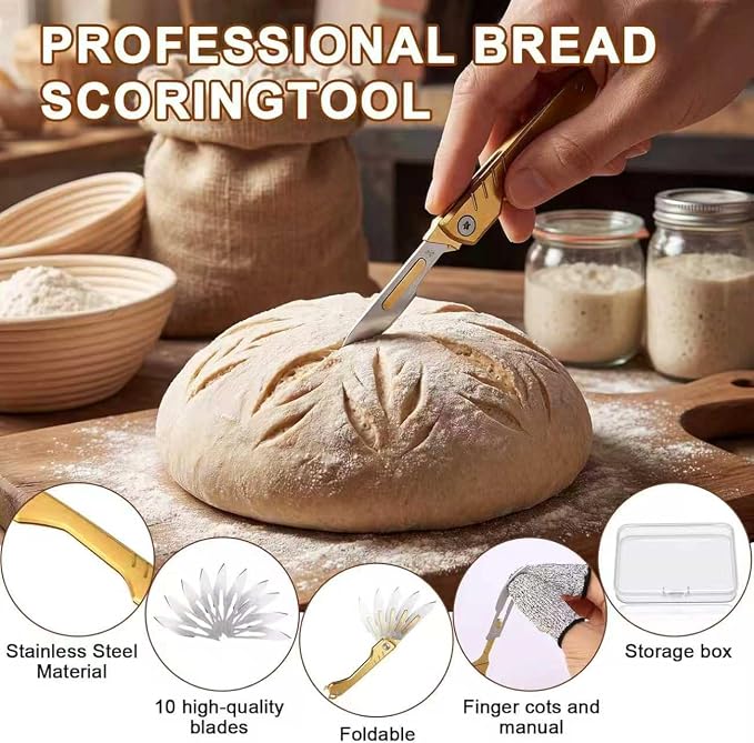 Bread Lame Dough Scoring Tool with 10 Razor Blades, Folding Bread Scorer Knife Equipped with a Sharpener, for Homemade Bread, Sourdough Slashing, Baking Tools Kit-Protective Cover&Portable Keychain