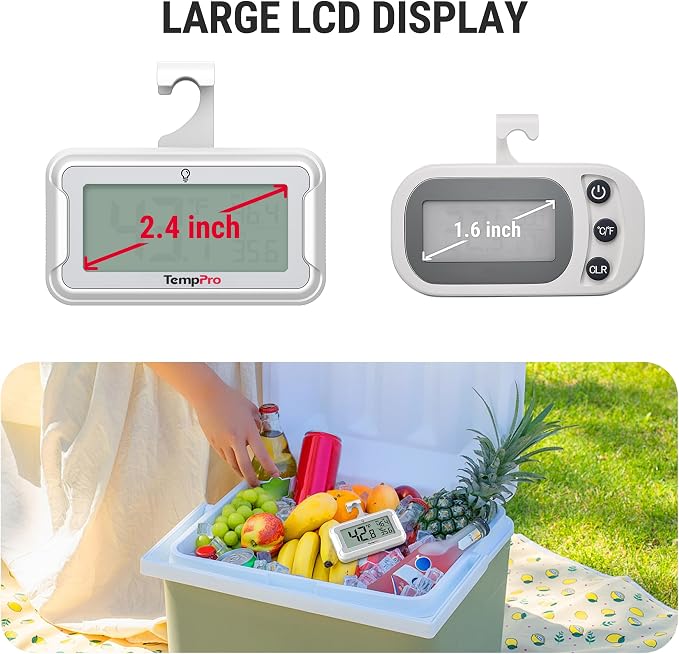 TempPro Refrigerator Thermometer with Large Backlit LCD Display, Freezer Fridge Thermometer with Max/Min Record, Easy Battery Replacement, Magnetic & Stand Options for Cooler (Previously ThermoPro)