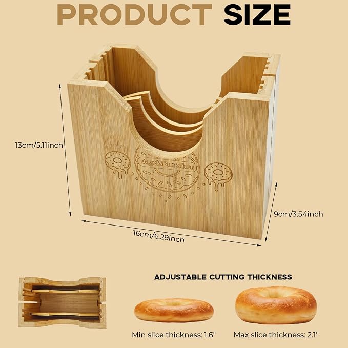 2-in-1 Bamboo Bagel & Bread Slicer Adjustable Thickness | Bamboo Cutting Guide, Manual Bread Slicer with Removable Extension Board for Homemade Bread, Bagels & Long Loaves