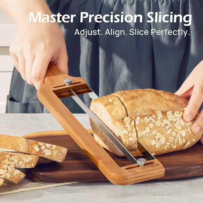 Upgraded Adjustable Bread Slicer - Professional Bread Knife with Thickness Guide, Effortlessly Slices Crusty Sourdough, Soft Loaves & Baguettes, No-Crush Serrated Blade