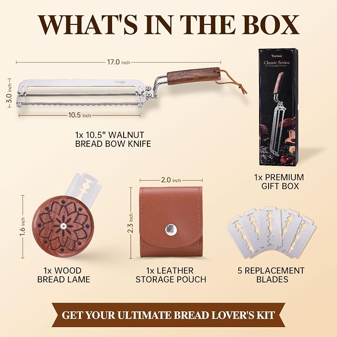Adjustable Bread Bow Knife Sourdough Slice, 10.5 Inch Bread Cutter Set with Bread Lame, 5 Replacement Blades, Leather Pouch & Gift Box, Premium Bread Lover Gift for Bakers