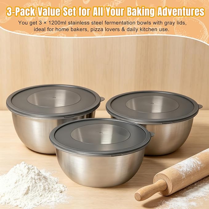 3 Pack Pizza Dough Proofing Bowls, 1200 ml Stackable Stainless Steel Proofing Container with Clear Airtight Lid, Suitable for Fermenting Pizza Dough and Bread