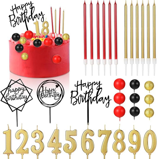 Yerliker 34 Pcs Happy Birthday Cake Toppers Decorations Birthday Candles DIY Cake Decor for Men Women Wedding Anniversary(Black Red Gold)