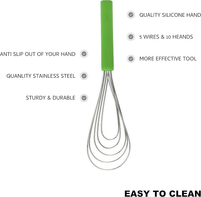 Flat Whisk Silicone Handle Non Slip 10" - 5 Wires Whisk with 10 Heads for Kitchen Cooking by Jell-Cell (Green)