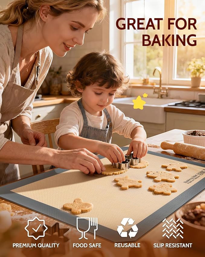 Silicone Baking Mat, Extra-Thick Platinum Silicone, Non-Stick Food Grade Baking Sheet Liners Set of 5, Reusable Dishwasher Safe, 2 Half Sheet + 2 Quarter Sheet + 1 Round 9", Sopito
