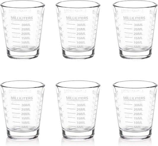 SAIAOKJ Shot Glasses Measuring Cup Set 6 Pack Espresso Shot Glasses Liquid Heavy Glass 26-Incremental Measurement 1 OZ, 2 TBS, 6 TSP, 30 ML Kitchen Tools (White)