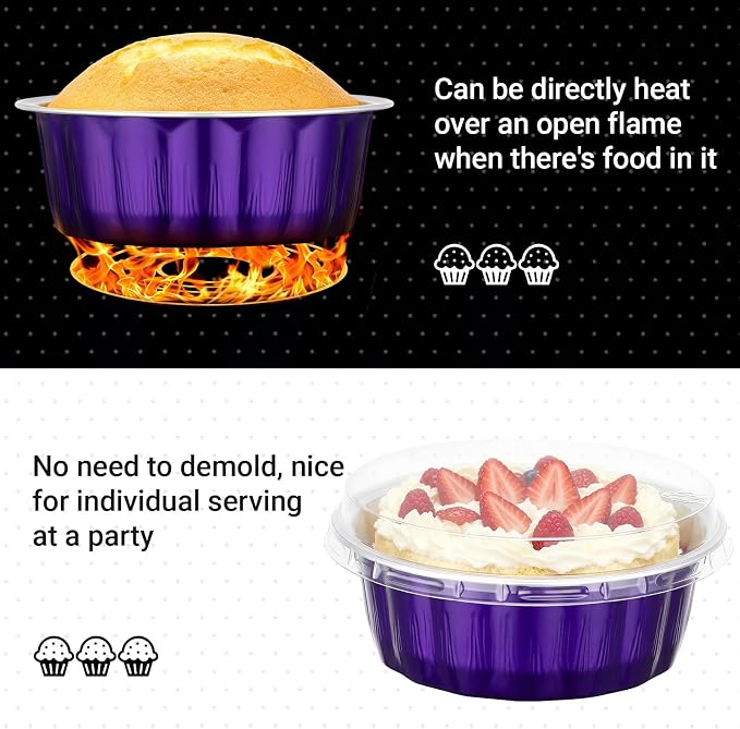 Beasea 8 oz Disposable Ramekins with Lids, 50 Pack Aluminum Foil Baking Cups with Lids, Creme Brulee Muffin Cupcake Mini Pudding Foil Ramekin for Party Wedding Birthday - Violet Purple