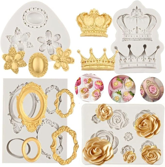 Vintage Picture Frame Fondant Mold Baroque Style Crown Rose Flower Silicone Mold for Chocolate Sugarcraft Cupcake Topper Jewelry Polymer Clay Crafting Projects