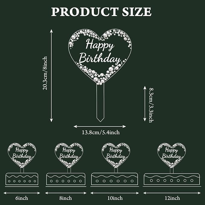 Coucoland Happy Birthday Cake Topper - Heart Acrylic Cake Decor with Sparkling Rhinestones and Pearls for Party Supplies