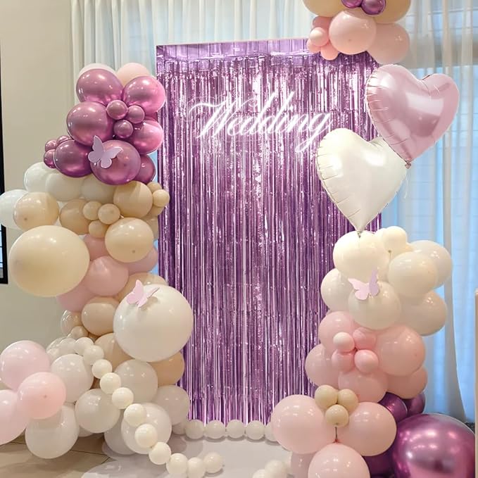 157Pcs Pink and White Balloons Garland Arch Kit with Metallic Pink Fringe Curtain for Woman Girl Princess Birthday Bridal Baby Shower Engagement Wedding Valentine's Day Party Decorations