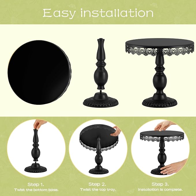 3 PCS Black Cake Stands (8"&10"&12" Plate), Cupcake Stand with a lace Hollow Border Metal Cake Stand Set for Birthday Party, Wedding, Anniversary, Baby Shower