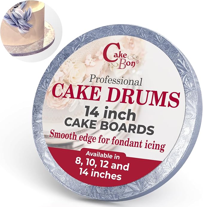Cakebon Round Cake Boards - Sturdy 1/2 Inch Thick Cake Drums - 14 Inch Professional Base para Pastel Smooth Straight Edges Silver 12-Pack