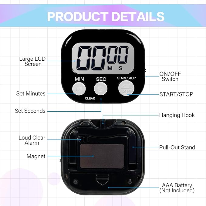 54 Pcs Kitchen Timer Bulk with Small Magnetic Backing Stand Liubeili Digital Timers Manual Electronic Alarm Clock Visual LCD Display for Teacher Toothbrush Exercise Oven Classroom Baking