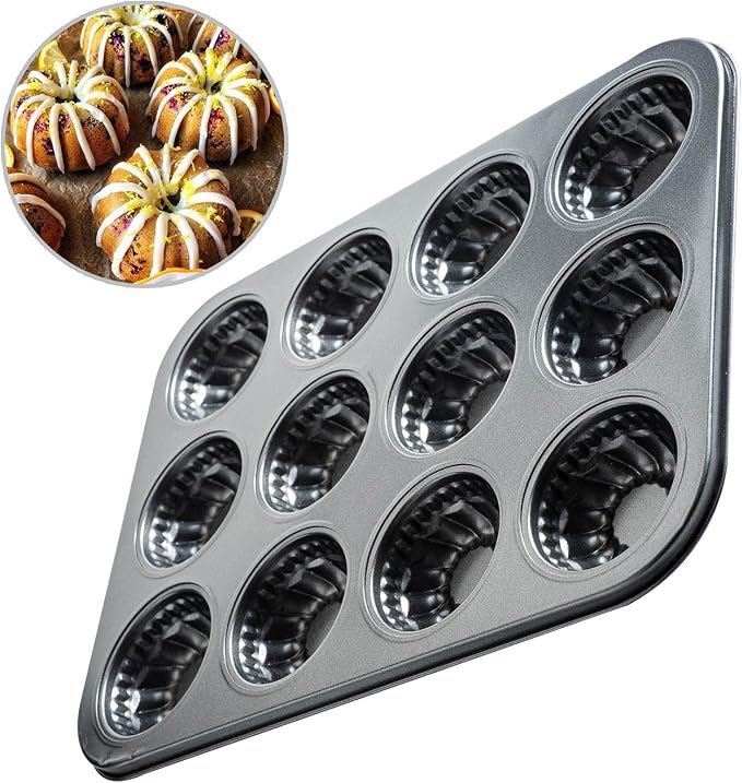 Mini Bndt Cake Pan, Nonstick Brownie Bowl Pan, 12-Cavity Fluted Small Round Cake Mold for Fall Baking & Thanksgiving Muffin Bavarois