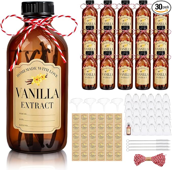 30Pcs 2 Oz Amber Glass Bottle Boston Round Bottles for Vanilla Extract Homemade,Brown Vanilla Extract Jars with Caps for Syrup Gift Glass Food Storage Canister and Sauce Beans