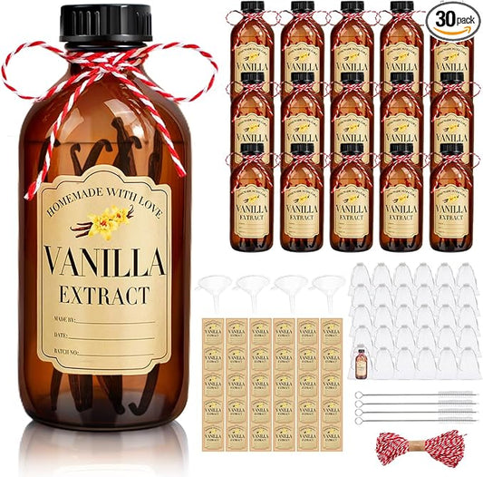 30Pcs 2 Oz Amber Glass Bottle Boston Round Bottles for Vanilla Extract Homemade,Brown Vanilla Extract Jars with Caps for Syrup Gift Glass Food Storage Canister and Sauce Beans