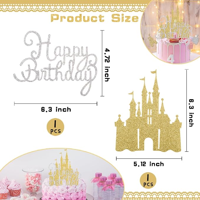 2Pcs Gold Princess Cake Toppers Silver Happy Birthday Cake Toppers Glitter Party Picks for Girls Princess Birthday Party New Year Supplies