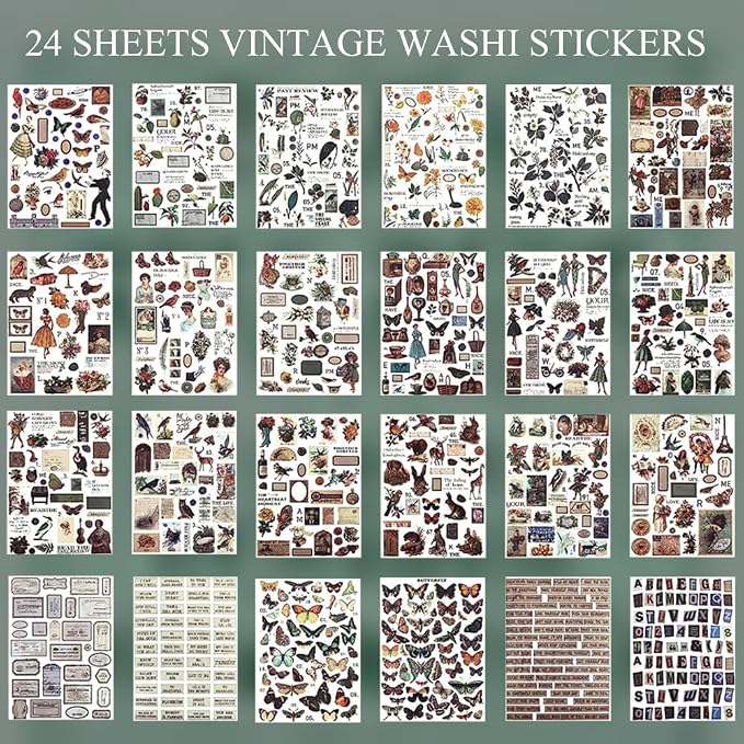 Vintage Scrapbooking Sticker Book for Adults - 800+ Washi Journaling Stickers Ephemera Book for Junk Journal Supplies DIY Crafts Arts Decorative 24 Sheets