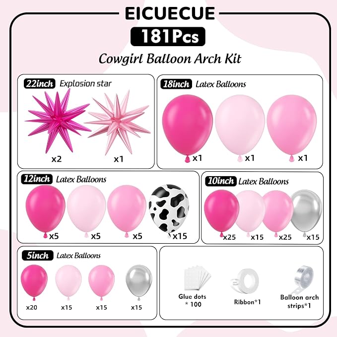 Disco Cowgirl Party Decorations 181Pcs Hot Pink Silver Cowgirl Balloon Arch Garland Kit for Anniversary, Bachelorette,Cow Girl Birthday, Farm, Western, Cowboy Theme Party Decoration