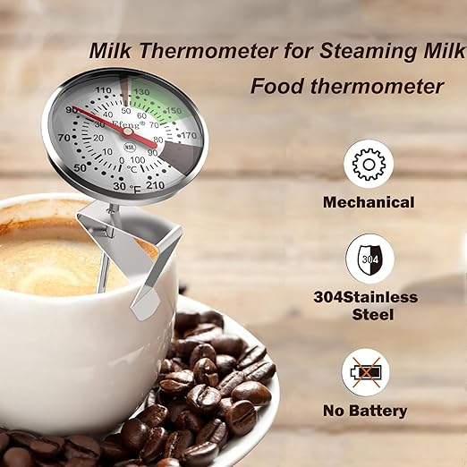 Instant Read Coffee Milk Frothing Thermometer with1.75 inch Dial 5 inch Probe Clip,Best Instant Read Food for The Coffee Drinks,Chocolate Milk Foam