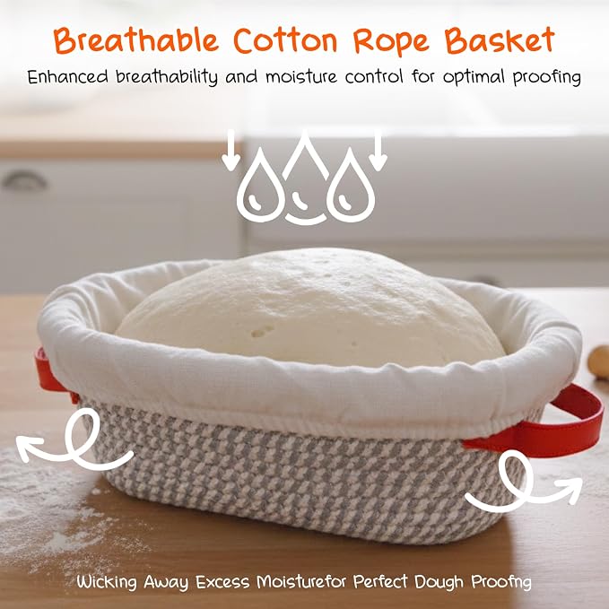 Sourdough Starter Kit, 24oz Starter Jar, 2 Cotton Rope Banneton Bread Proofing Basket Set, 9'' Round & 10'' Oval Baskets with Liners & Covers, Complete Sourdough Bread Baking Set (42PCS)