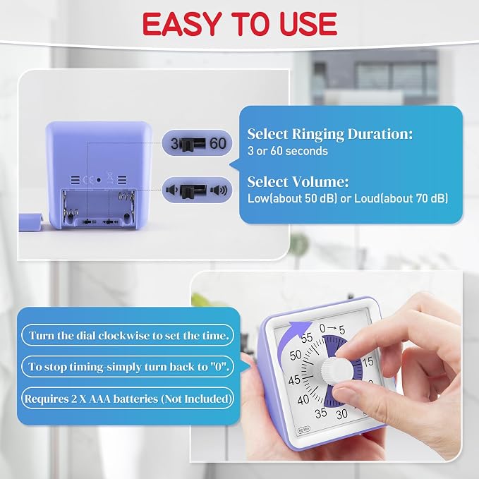 Secura 60-Minute Visual Timer, Classroom Timer, Countdown Timer for Kids and Adults, Time Management Tool for Teaching (Purple & Purple)