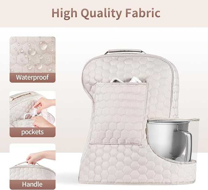 Stand Mixer Dust Cover Compatible with KitchenAid Mixer - Storage Bag for 6/7/8 Quart Bowl Lift with Pockets for Accessories and Attachments(Khaki,Fits for 6-8 Quart）