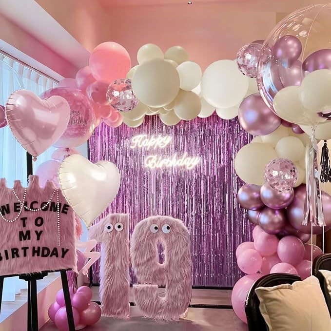 157Pcs Pink and White Balloons Garland Arch Kit with Metallic Pink Fringe Curtain for Woman Girl Princess Birthday Bridal Baby Shower Engagement Wedding Valentine's Day Party Decorations