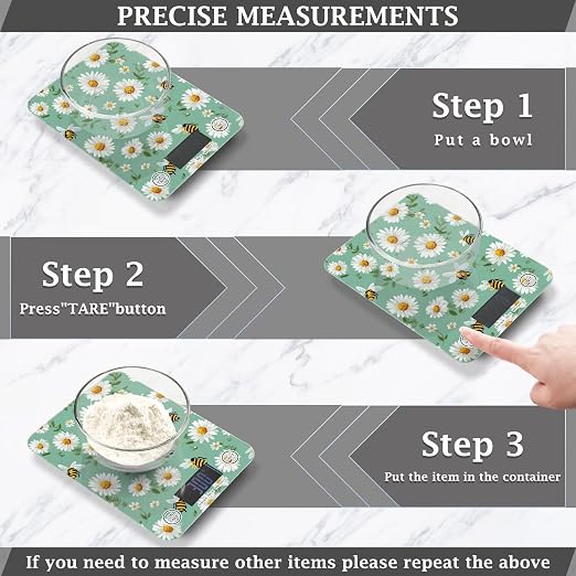 Food Scale Kitchen Scale for Baking Cooking Digital Food Weighing Measuring Scale Small Waterproof Electric Food Scale Mint Green Daisy Flowers and Bees