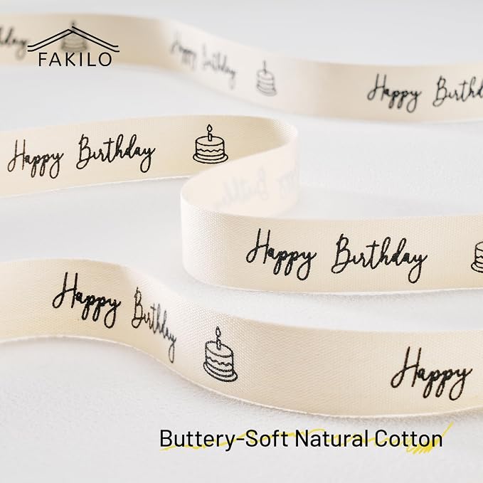 Happy Birthday Printed Ribbon 5/8 Inch x 10 Yards Cotton Ribbon for Gift Packaging, Party Decorations, Anniversary Decoration, Handmade Cards
