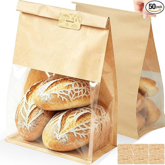 Extra Large Bread Bags for Homemade, 50 Count, 50% Thicker Sourdough Paper With Ties, 15.7 * 10.2 * 5.1 in, Tin Tie Tab Lock Bakery Bags With Window and Sealing Stickers for Storage Packaging Gifting