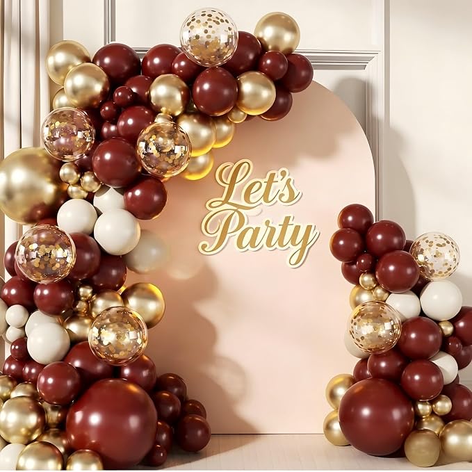 Burgundy Balloon Garland Arch Kit 143Pcs Burgundy Maroon Sand White Metallic Gold Confetti Balloons for Wedding Birdal Shower Graduation Birthday Party Decorations
