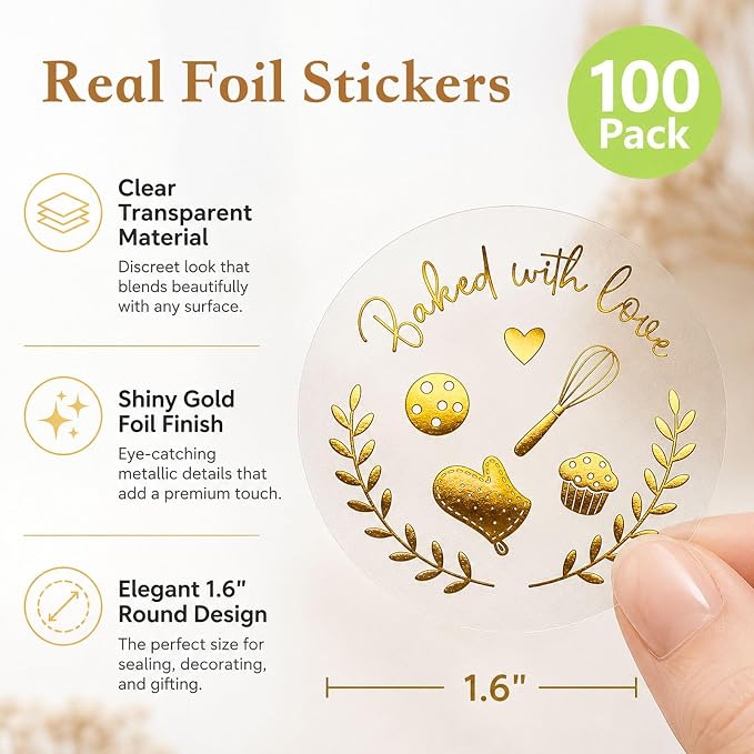 100 Baked with Love Stickers, Bakery Stickers, Baking Stickers & Cookie Stickers for Homemade Treats, Sourdough Bread, Pastry Packaging, Clear Gold Foil Labels for Small Business & Gift Bags, 1.6 Inch