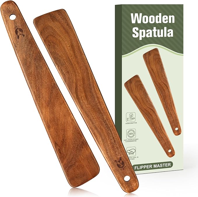 12 inch Teak Wooden Spatula for Cooking, Small Wood Flipper, Egg Scraper, Flat Wood Turner, Multipurpose Wooden Cooking Utensils, Spatulas Spoons Perfect for Flipping, Scraping & Turning, Set of 2