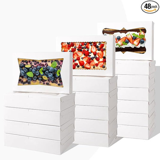 48pcs12x8x2.5 Inches Bakery Boxes,Cookie Boxes with 3Style for Window Bread,Treat，Chocolate,Strawberries,Dessert,Cakes,Donuts,Muffins,pastry