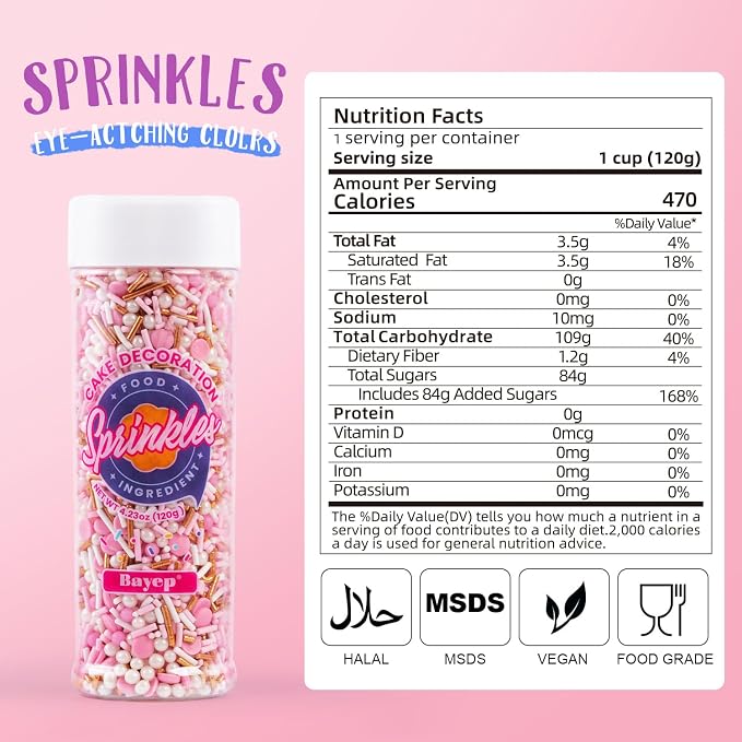 Dye Free Sprinkles Pink No Artificial Dyes Natural Confetti Pearl Sugar Gold Jimmies Valentines Sprinkles for Cake Decorations Baby Shower, Cookies, Fondant Cake, Dessert Toppings, 4.2oz