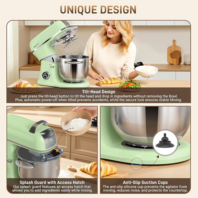ZACME 7 Quart Stand Mixer Aluminum Die Casting, 650W 12 Speed Tilt-Head Kitchen Electric Stand Mixer, Household Food Mixer with Stainless Steel Bowl, Dough Hook, Whisk and Beater-Pistachio