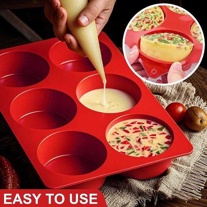 Silicone Egg Bite Molds, 2 Pack Frittata Pan, Deep 3 Inch Dash Cups, Sous Vide Round Rolls Molds for Breakfast Sandwiches, Omelets, Dinner Rolls, Baking - Red