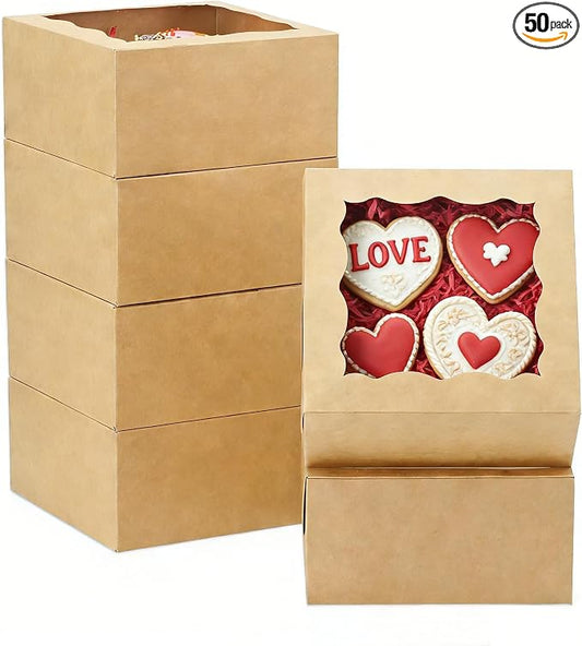 XINHPKGG 50 Pack Cookie Boxes 6x6x3 Inch Bakery Boxes with Window Treat Box Dessert Box for Macaron Mini Cake Chocolate Covered Strawberries Pastry -Brown