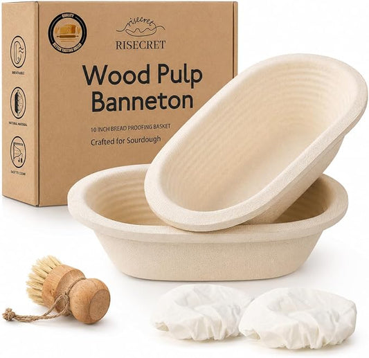 Non-Stick 10" Oval Wood Pulp Banneton Bread Proofing Basket Set Of 2, Sourdough Banneton Basket Set, Bread Making Tool Brotform Sourdough Bread Baking Supplies