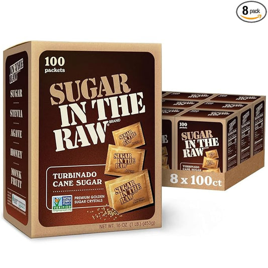 Sugar In The Raw Granulated Turbinado Cane Sugar On The Go Packets, Pure Natural Sweetener, Hot & Cold Drinks, Coffee, Cooking, Baking, Vegan, Gluten-Free, Non-GMO, 100 Count Packets (8-Pack)