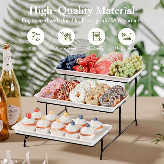3-Tier Melamine Serving Tray Set, 14"x7" Platters for Serving Food, White Reusable Trays with Black Metal Display Stand for Cupcakes, Sevring Food, Dessert, Fruit, Cookie, Black