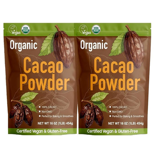 452g/2pack, (2 lbs - 32 Oz), Premium Organic Cacao Powder - 100% Pure Unsweetened Cocoa for Professional Baking & Desserts, Dutch-Processed, Rich Flavor, Certified Vegan