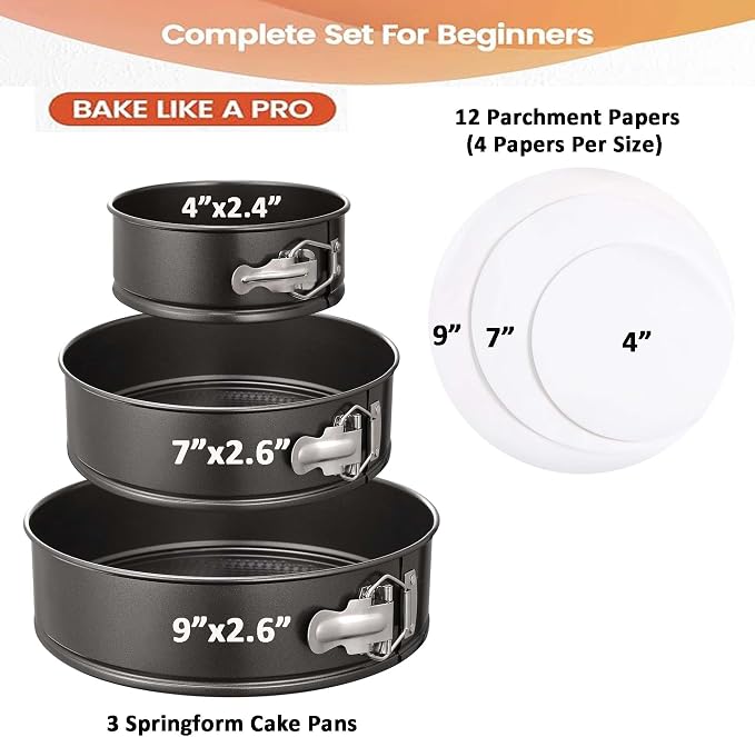 Springform Cake Pan Set with Cake Decorating Kit, Non-stick Leakproof Round Cake Pans of 4, 7, 9 Inches, 12 Pcs Parchment, 3 Cake Scrapers, Resuable Piping Bag, Coupler and Tips