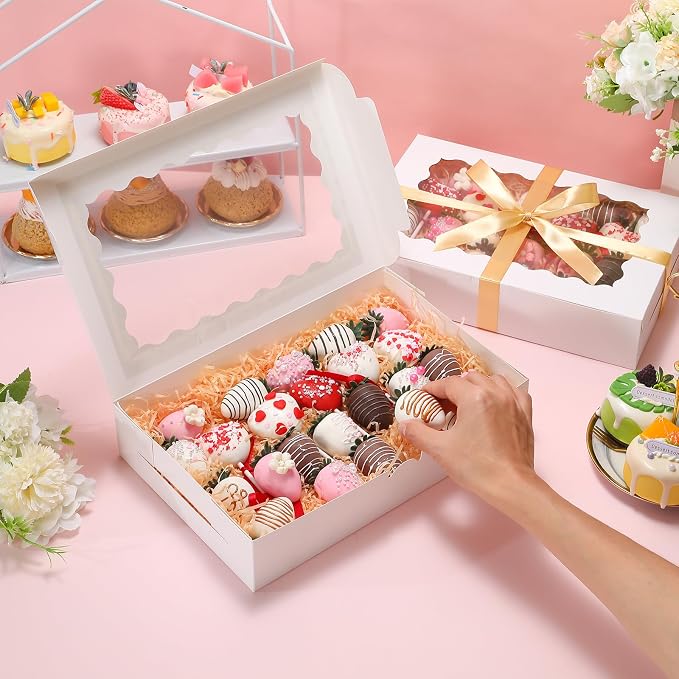 36 Pack Bakery Boxes with Window, 12x8x2.5 Inches Pastry Boxes with Ribbon and Sticks, Treat Boxes for Chocolate Covered Strawberries, Cookies, Muffins, Donuts, Breakable Hearts