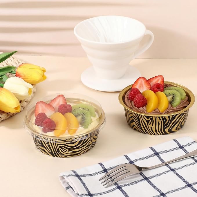 Beasea Disposable Ramekins 8oz, 50 Pack 235ml Aluminum Foil Cups with Lids, Disposable Creme Brulee Muffin Cupcake Mini Cheesecake Baking Cups for Party - Tiger Stripes