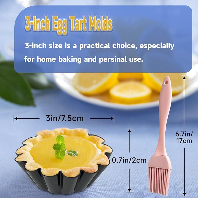 12PCS Egg Tart Molds, 3-Inch Non Stick Mini Tart Pans with Silicone Basting Pastry Brush, Fluted Mini Pie Pans for Baking