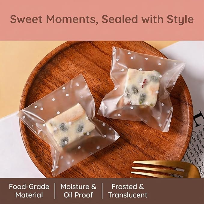 200Pcs White Polka Dot Cookie Bags, Self Sealing Cellophane Bags | for Homemade Cookies, Clear Treat Bags with Self Adhesive Seal for Baking, Party Favors and Gift Giving (4x4 Inches)