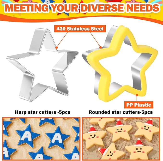 10-Piece Star Cookie Cutters Set, Food Safe Stainless Steel Baking Tools, Multi Size Cookie Cutters for DIY Baking, Fondant, Sandwiches, Holiday Party Treats