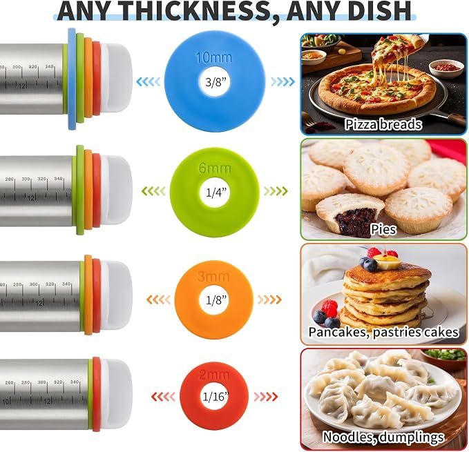 Cake Pop Roller, Adjustable Rolling Pin with Thickness Rings, Stainless Steel Design Ensures Smooth Rolling and Is Easy to Clean, Perfect for Evenly Rolling Dough for Pizza, Pie, Pastries, Pasta
